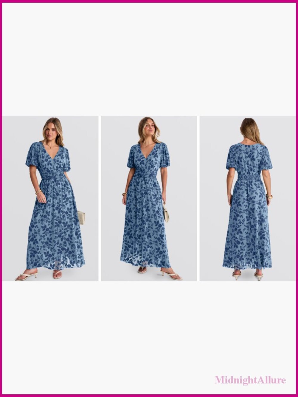 Women Floral Maxi Formal Dress Mesh Short Sleeve V Neck Empire Waist - Picture 7 of 7
